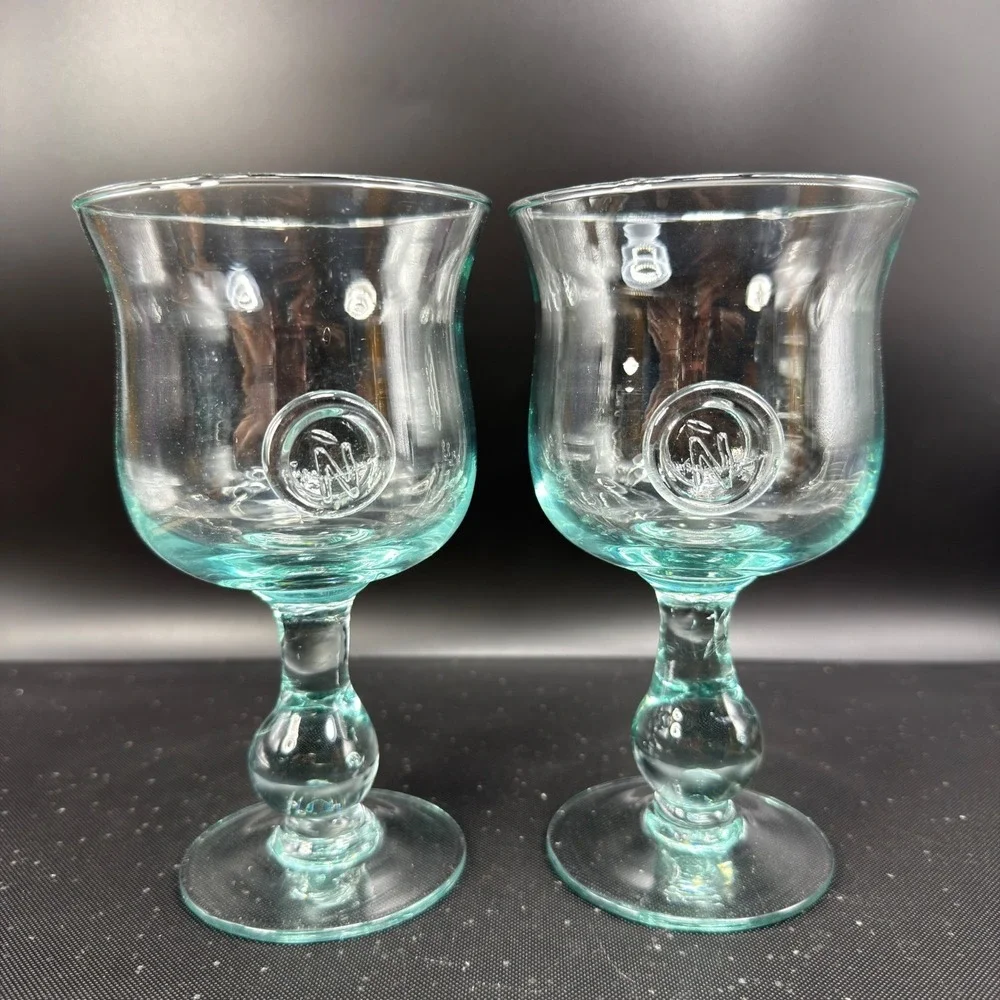 Set of 2 Monogram N Hand‎ Blown Glass Goblets Aqua Clear Stemmed Water Wine 7in